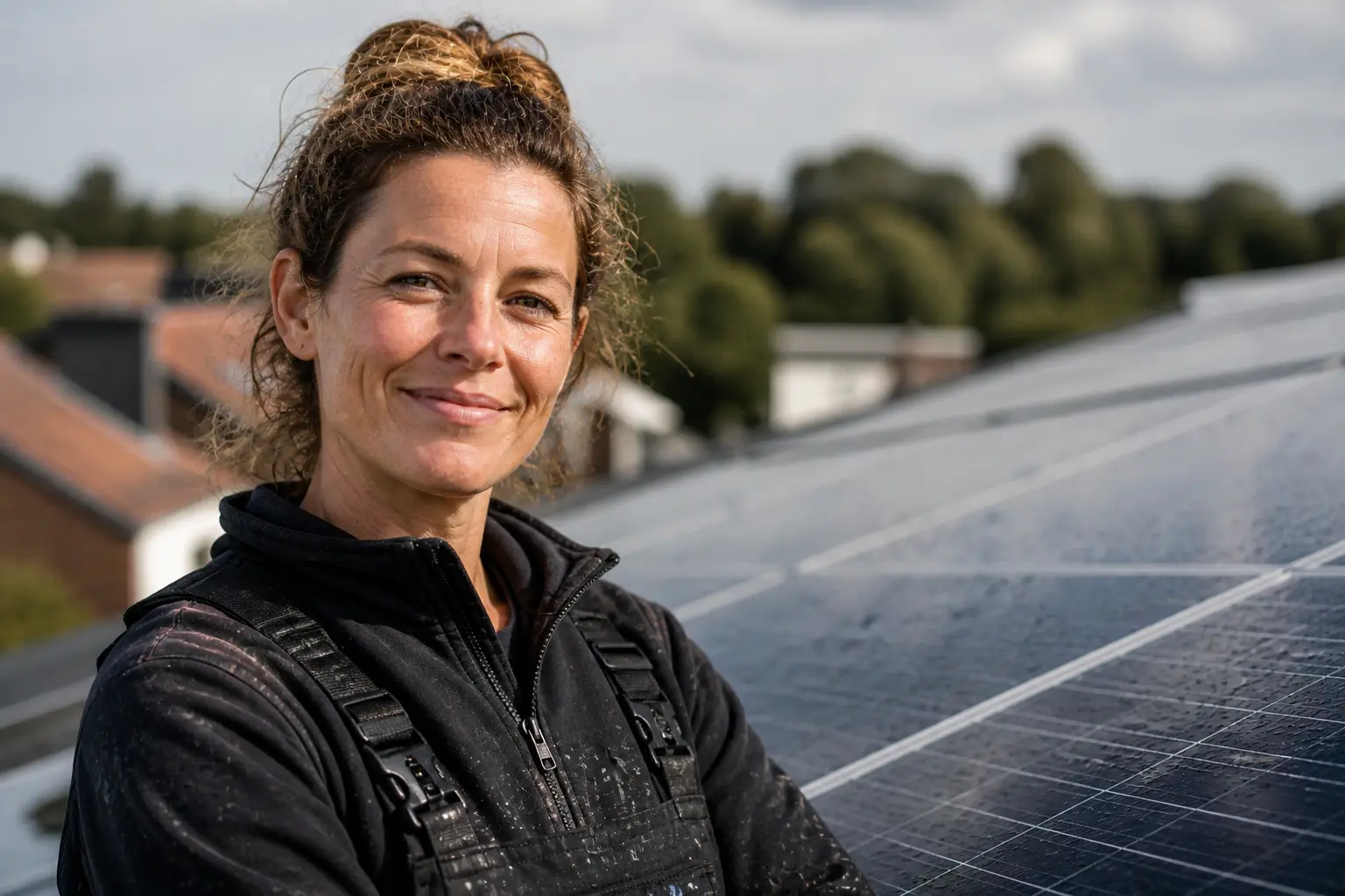 Zonnepanelen reiniger aan het werk op een dak